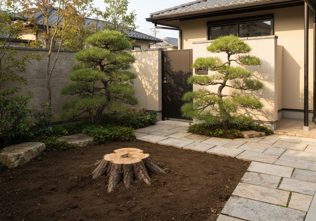 門柱と駐車スペース、植栽帯を組み合わせた住宅外構工事の完成写真